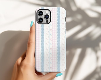 Różowo-niebieskie etui na telefon z patchworkiem, pokrowiec Coquette Cottagecore, kokardka w kwiaty w stylu vintage, miękki dziewczęcy, iPhone 17 16 15 14 13 12 11, Samsung S26