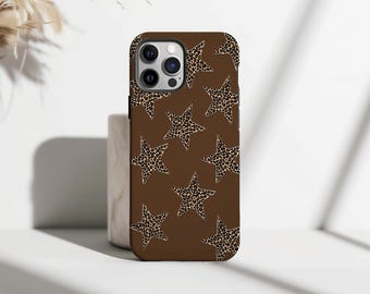 Brązowe etui na telefon z wzorem w panterkę, etui na telefon z motywem gwiazd w stylu grunge, etui z gwiazdą Y2K na iPhone'a 17 16 15 14 13 12 11 Pro Max, Samsunga S25 S24 S23