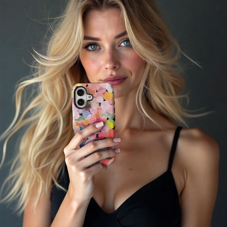 May include: A smartphone case with a colorful, abstract floral pattern. The case features a design of overlapping circles in shades of pink, yellow, and blue against a black background. The phone case is held in front of a person.