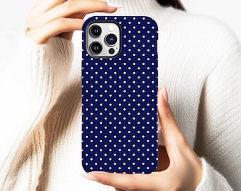 Custodia per telefono a pois blu navy, custodia con motivo a pois retrò minimale e carino, custodia morbida Y2K semplice per ragazze, iPhone 17 16 15 14 13 12 11, Samsung S25