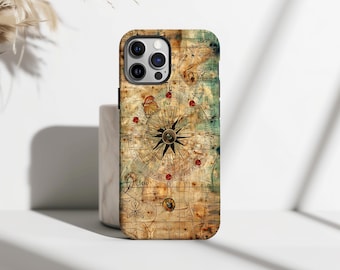 Étui pour téléphone boussole vintage, couverture de carte nautique rétro, design de voyage Adventure Explorer, iPhone 17 16 15 14 13 12 11 Pro Max, Samsung S25 S24
