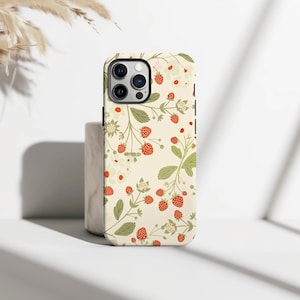 Minimalist Strawberry Field Phone Case, Delicate Botanical Fruit Pattern Phone Cover for iPhone 16 15 14 13 12 Pro Max, Samsung S25 S24 S23