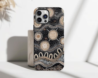 Funda para teléfono con lunares de arte aborigen neutro, estampado tribal bohemio, inspirada en la pintura de puntos, para iPhone 17, 16, 15, 14, 13 y 12 Pro Max, Samsung S25 y S24