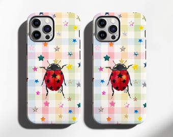 Ladybug Star Phone Case, Pastel Gingham Beetle Cover, Colorful Star Checkered Case, Cute Twee iPhone 18 17 16 15 14 13 12, Samsung S30 S26