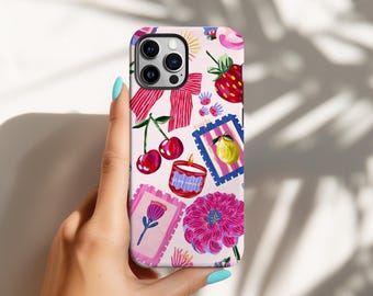 Girly Collage Phone Case, Pink Cherry Strawberry Cover, Retro Postcard Floral Fruit Design, iPhone 17 16 15 14 13 12 11 Pro Max, Samsung S26