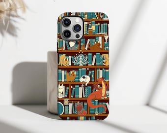 Bookish Animals Phone Case, Bookshelf Reading Cute Tough Phone Case, iPhone 17 16 15 14 13 12 11 Pro Max, Samsung S25 S24 Ultra, Book Lover