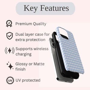 May include: A stack of three phone cases. The top case has a light blue and white gingham pattern. The middle case is black, and the bottom case is silver. The image also includes text that says "Key Features".