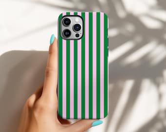 Green & Pink Striped Phone Case, Trendy Retro Style, Vertical Lines MagSafe Phone Cover, iPhone 17 16 15 14 13 12 Pro Max, Samsung S25 S24