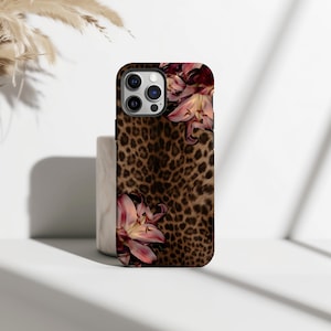 Leopardmönstrat blommigt telefonskal, elegant glamoröst djurmönstrat fodral med rosa liljeblommor, iPhone 17 16 15 14 13 12 11 Pro Max, Samsung S25 S24