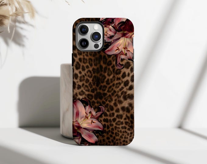 Leopard Print Floral Phone Case, Chic Glam Animal Print Cover with Pink Lily Flowers, iPhone 17 16 15 14 13 12 11 Pro Max, Samsung S25 S24