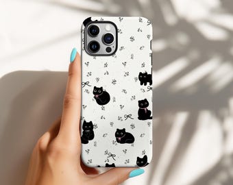 Black Cat Phone Case, Coquette Bow Cover, Cute Floral Kawaii Aesthetic, iPhone 17 16 15 14 13 12 11 Pro Max, Samsung S26 S25 S24 Ultra