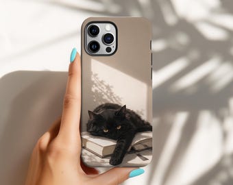 Black Cat Book Phone Case, Reading Cat Cover, Cozy Book Lover Case, Neutral Beige Literary iPhone 18 17 16 15 14 13 12, Samsung S30 S26 S25