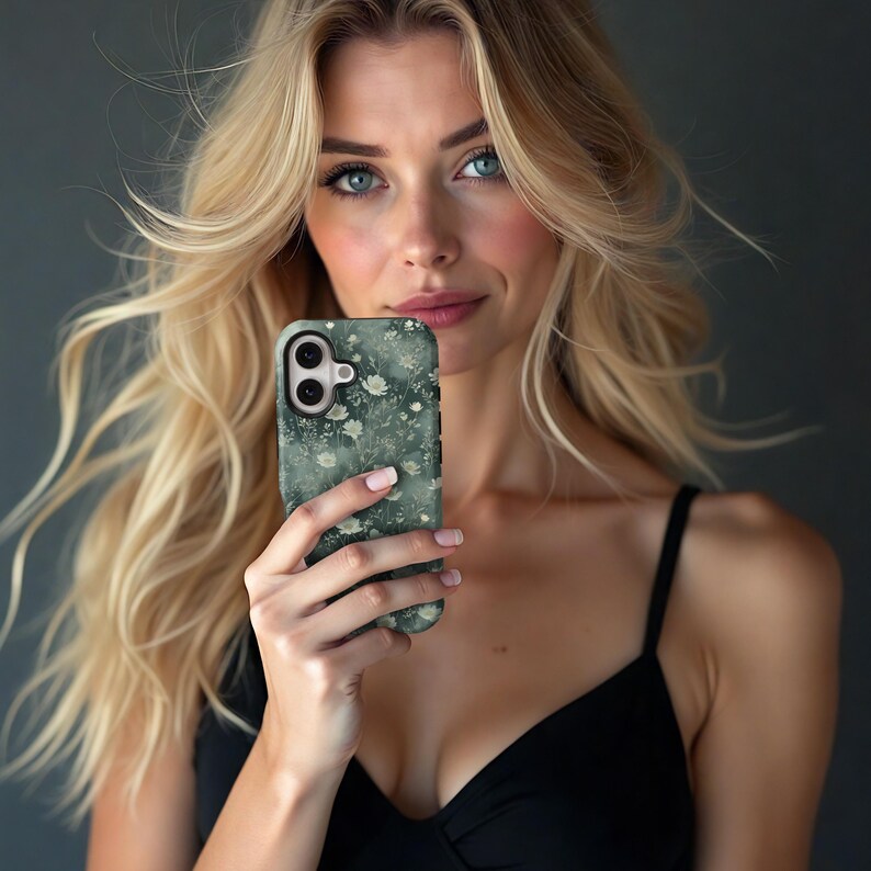 Op de afbeelding: Een telefoonhoesje met een groen en wit bloemenpatroon. De hoes heeft een donkergroene achtergrond met een patroon van kleine witte bloemen. De telefoonhoes wordt voor een persoon gehouden.