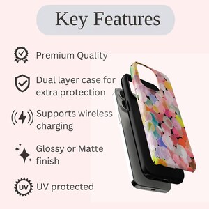 May include: A phone case with a colorful abstract design featuring pink, yellow, and blue brushstrokes. The case is shown in layers, highlighting its dual-layer construction for extra protection. The image also displays the text "Key Features" and icons indicating premium quality, wireless charging support, and UV protection.