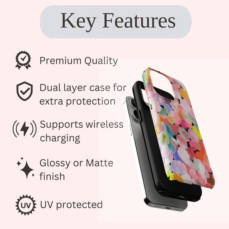 May include: A phone case with a colorful abstract design featuring pink, yellow, and blue brushstrokes. The case is shown in layers, highlighting its dual-layer construction for extra protection. The image also displays the text "Key Features" and icons indicating premium quality, wireless charging support, and UV protection.