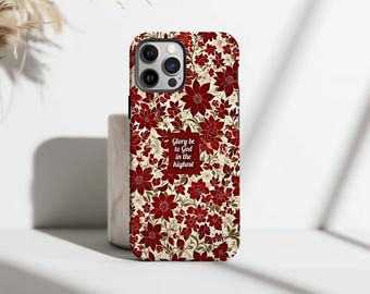 Christian Christmas Phone Case, Red Crushed Flowers Case, Bible Verse Glory to God Cover, iPhone 17 16 15 14 13 12 Pro Max, Samsung S25 S24