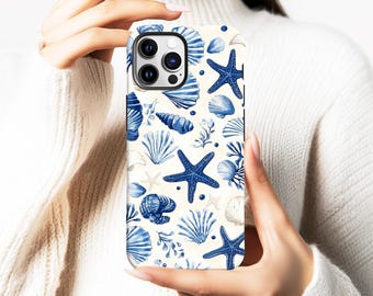 Watercolor Blue Nautical Coastal Beach Starfish and Seashells Phone Case, iPhone 17 16 15 14 13 12 11 Pro Max, Samsung S25 S24 S23 S22 Ultra
