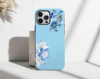Blue Floral Phone Case, Elegant Pastel Flower Design Cover, Minimal Aesthetic Phone Case, iPhone 17 16 15 14 13 12 Pro Max, Samsung S25 S24