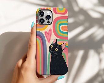 Black Cat Phone Case, Retro Rainbow Cover, Cute Boho Kitty Aesthetic, iPhone 17 16 15 14 13 12 11 Pro Max, Samsung S26 S25 S24 Ultra