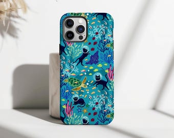 Whimsical Ocean Cat Phone Case, Cute Scuba Diving Cats Underwater Sea Turtle Coral Reef, iPhone 17 16 15 14 13 12 Pro Max, Samsung S25 S24