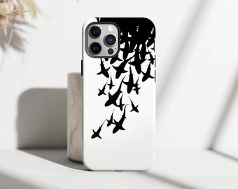 Shark Silhouette Phone Case, Minimalist Black and White Ocean Art Print Cover for iPhone 16 15 14 13 12 11 Pro Max, Samsung S25 S24 S23 Plus