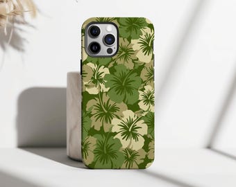 Green Hibiscus Phone Case, Cute Summer Florals Pattern Compatible with Magsafe, iPhone 16 15 14 13 12 11 Pro Max, Samsung S25 S24 S23 Ultra