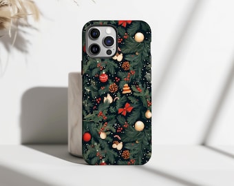 Funda para teléfono con guirnalda de pinos navideña, funda festiva de hojas perennes, funda con adornos de bayas para iPhone 17, 16, 15, 14, 13, 12 Pro Max y Samsung S25.