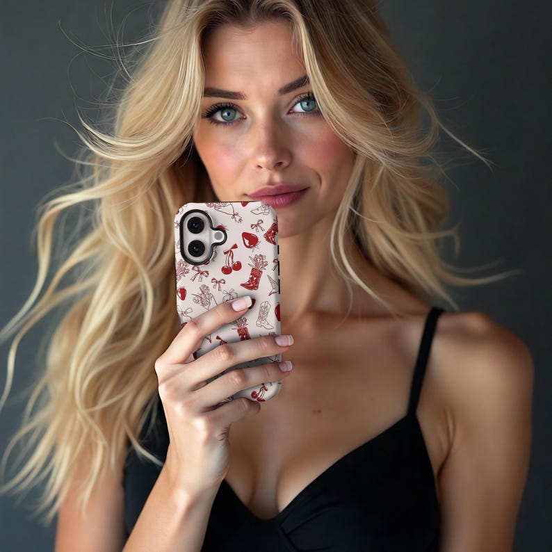 Pu&ograve; includere: Custodia per smartphone con sfondo color crema e motivo ripetuto di ciliegie rosse, stivali da cowboy, fiocchi e altre illustrazioni a tema western. La custodia ha un ritaglio nero per la fotocamera.