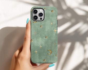 Green Celestial Phone Case, Moon Stars Magic Vintage Mystical Cover for iPhone 18 17 16 15 14 13 12 Pro Max, Samsung S30 S26 S25 S24 Ultra