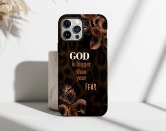 Christian Phone Case: Leopard Floral Print, Gold Bible Verse, Faith Quote Phone Case, iPhone 17 16 15 14 13 12 11 Pro Max, Samsung S25 S24