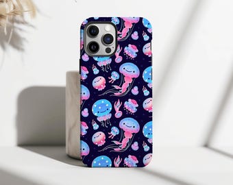 Kawaii Polka Dot Jellyfish Phone Case, Pastel Pink Blue Sea Creatures, Ocean Night Aesthetic, iPhone 17 16 15 14 13 12 11, Samsung S25 S24