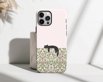 Lazy Cat Glossy Phone Case, Cute Black Cat Floral Phone Case for iPhone 17, Vintage Botanical Cover, Protective Cat Lover Gift, Samsung S25