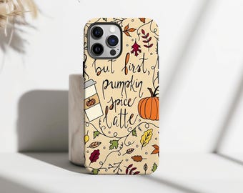 Autumn Pumpkin Spice Latte Phone Case, Cute Seasonal Pumpkin Leaf Print Cover for iPhone 16 15 14 13 12, Samsung S25, Autumn Aesthetic Gift