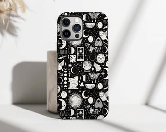 Witchy Moon Phase Phone Case, Celestial Gothic Tarot Starry Night Aesthetic Cover for iPhone 17 16 15 14 13 12 11 Pro Max, Samsung S25 Ultra