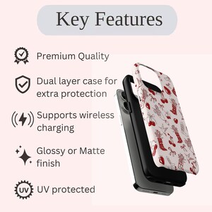 Pu&ograve; includere: Una custodia per telefono con un motivo a ciliegie rosse su sfondo bianco. La custodia &egrave; mostrata a strati, evidenziando caratteristiche come la protezione a doppio strato, il supporto per la ricarica wireless e una finitura lucida o opaca. Il testo "Key Features" &egrave; in alto.
