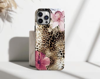 May include: A phone case with a leopard print design, accented with pink flowers. The case has a black border and a camera cutout. The background is white with shadows.