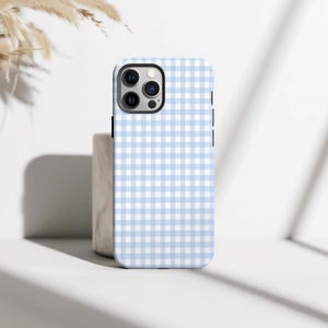 Powder Blue Gingham Phone Case, Stripe Plaid Phone Case, Retro Aesthetic Phone Cover, iPhone 16 15 14 13 12 11 Pro Max, Samsung S25 S24 S23 Plus Ultra