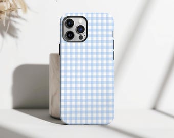 Powder Blue Gingham Phone Case, Stripe Plaid Phone Case, Retro Aesthetic Phone Cover, iPhone 16 15 14 13 12 11 Pro Max, Samsung S25 S24 S23