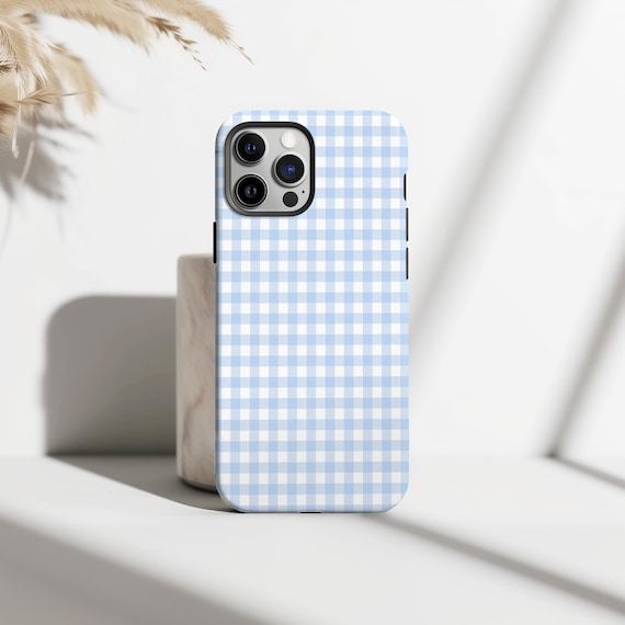 Powder Blue Gingham Phone Case, Stripe Plaid Phone Case, Retro Aesthetic Phone Cover, iPhone 16 15 14 13 12 11 Pro Max, Samsung S25 S24 S23