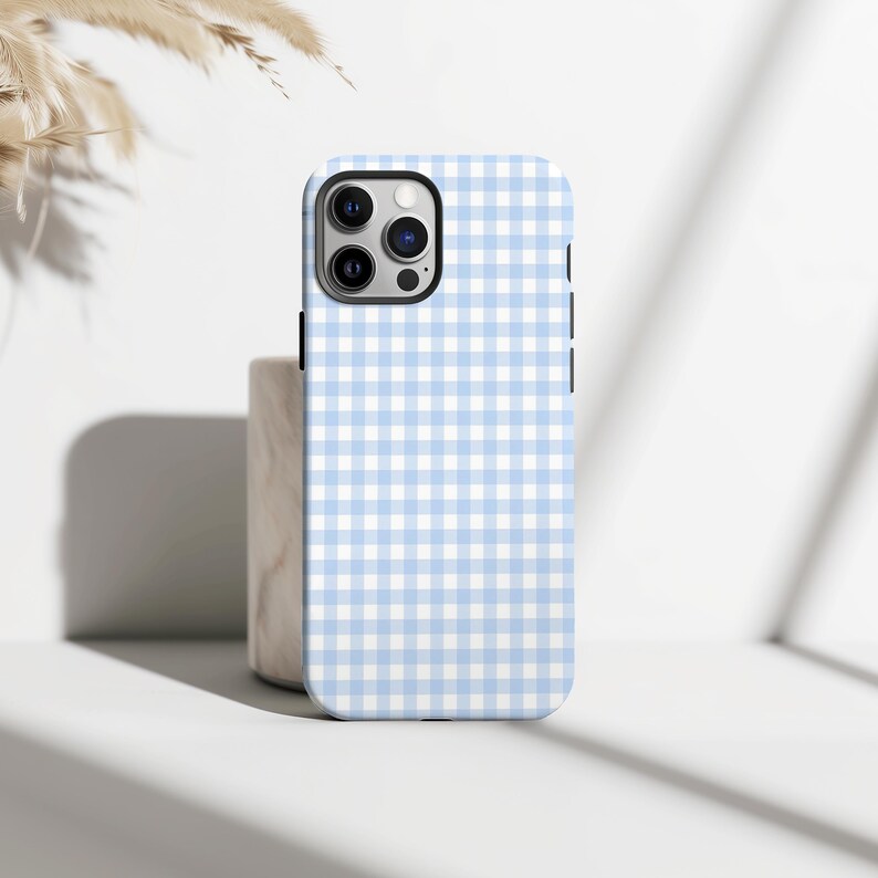 Powder Blue Gingham Phone Case, Stripe Plaid Phone Case, Retro Aesthetic Phone Cover, iPhone 16 15 14 13 12 11 Pro Max, Samsung S25 S24 S23 Plus Ultra