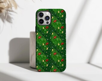 Vintage Green Christmas Pine Berry Phone Case, Festive Holly Bell Holiday Cover for iPhone 17 16 15 14 13 12 Pro Max, Samsung Galaxy S25 S24
