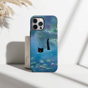 Svart katttelefonskal, söt katt i näckrosdamm konstdesign, katttryck Monet näckrosfodral, iPhone 17 16 15 14 13 12 Pro Max, Samsung S25