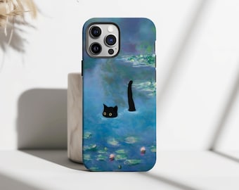 Black Cat Phone Case, Cute Cat in Water Lily Pond Art Design, Cat Print Monet Waterlily Cover, iPhone 17 16 15 14 13 12 Pro Max, Samsung S25