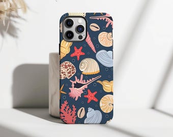 Retro Coastal Summer Collage Seashell Pattern Phone Case, Phone Case Beach Theme Decor, iPhone 16 15 14 13 12 11 Pro Max, Samsung S25 S24