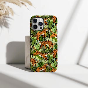 Funda de teléfono con diseño de tigre floral, diseño de tigre en acuarela, iPhone 17, 16, 15, 14, 13, 12, 11 Pro Max, Samsung S25 y S24, elegante accesorio para teléfono, arte selvático