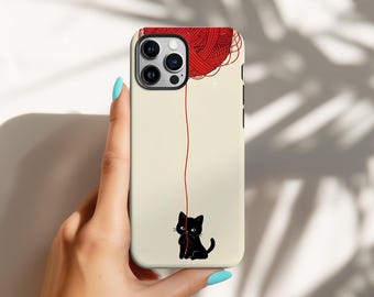 Etui na telefon z czarnym kotem, uroczy pokrowiec z włóczki z kotkiem, minimalistyczne kremowe etui na iPhone'a z motywem zwierząt, iPhone 17 16 15 14 13 12 11 Pro Max, Samsung S26 S25 S24