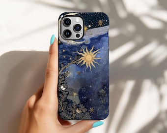 Etui na telefon Celestial Sun Moon, Mystic Night Sky Cover, Vintage Astrology Starry Blue, Boho Cosmic iPhone Case, iPhone 17 16 15, Samsung S26