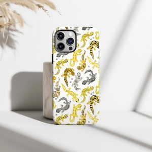 Leopard gecko Phone Case, Yellow Black Lizard Pattern Cute Animal Print Protective Cover for iPhone 16 15 14 13 12 11, Samsung S25 S24 S23