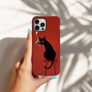 May include: A red phone case with a black cat illustration. The cat is smoking a cigarette while sitting on a stool. The case has a matte finish and is designed for a smartphone.