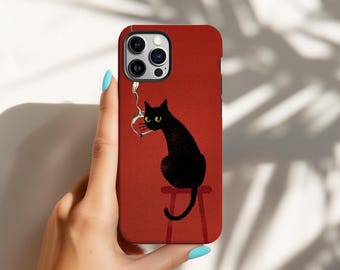 Black Cat Phone Case, Red Vintage Cover, Cute Cat Illustration, Cozy Gothic Cat Lover, iPhone 17 16 15 14 13 12 11 Pro Max, Samsung S26 S25